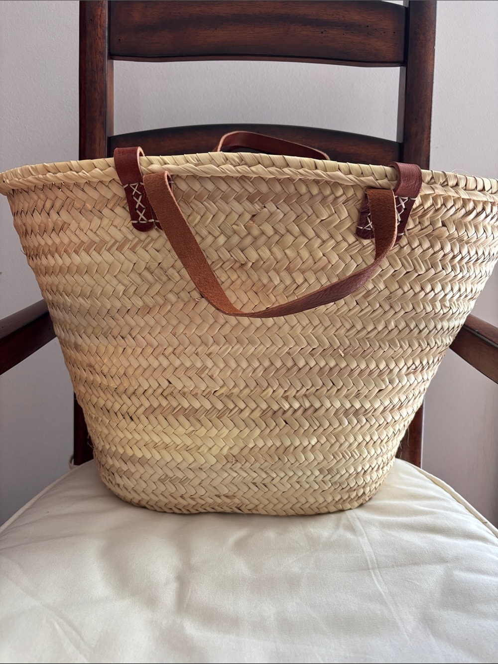 Irregular Woven Straw Tote Bag with Brown Leather Handles "G” - Picture 3 of 4